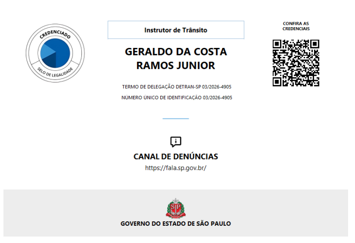Placa identificadora oficial de instrutor de trânsito credenciado pelo Detran/SP - Geraldo da Costa Ramos Junior
